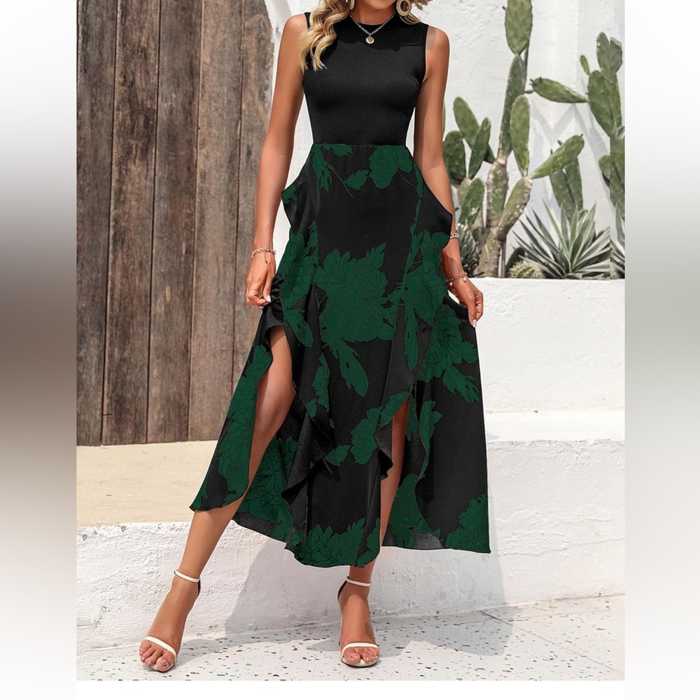 NWT Dark Green & Black Long Floral Ruffle Dress by BTFBM, Size M